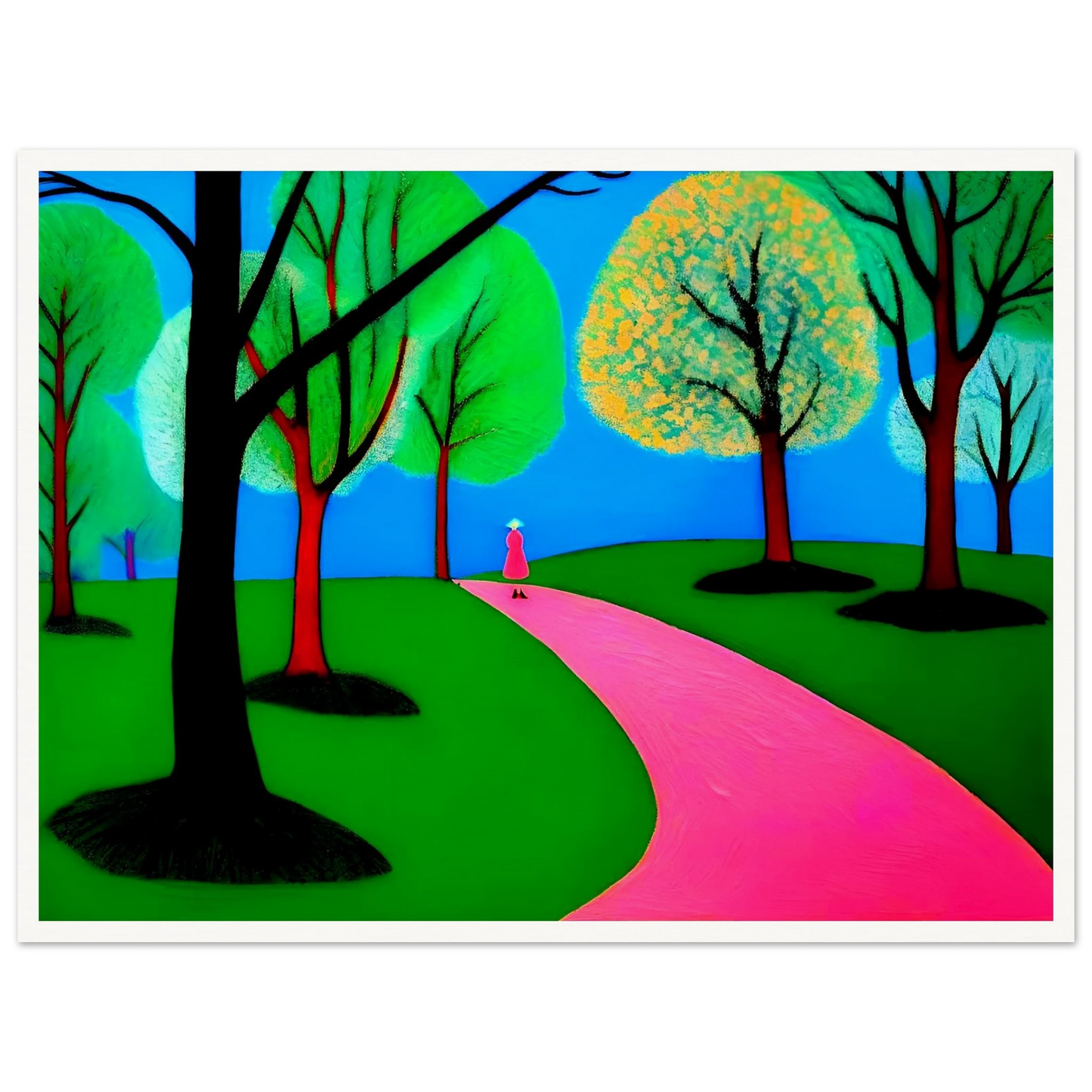 Minimalist landscape with neon green trees, blue sky, and a lone woman walking along a winding bright pink path.