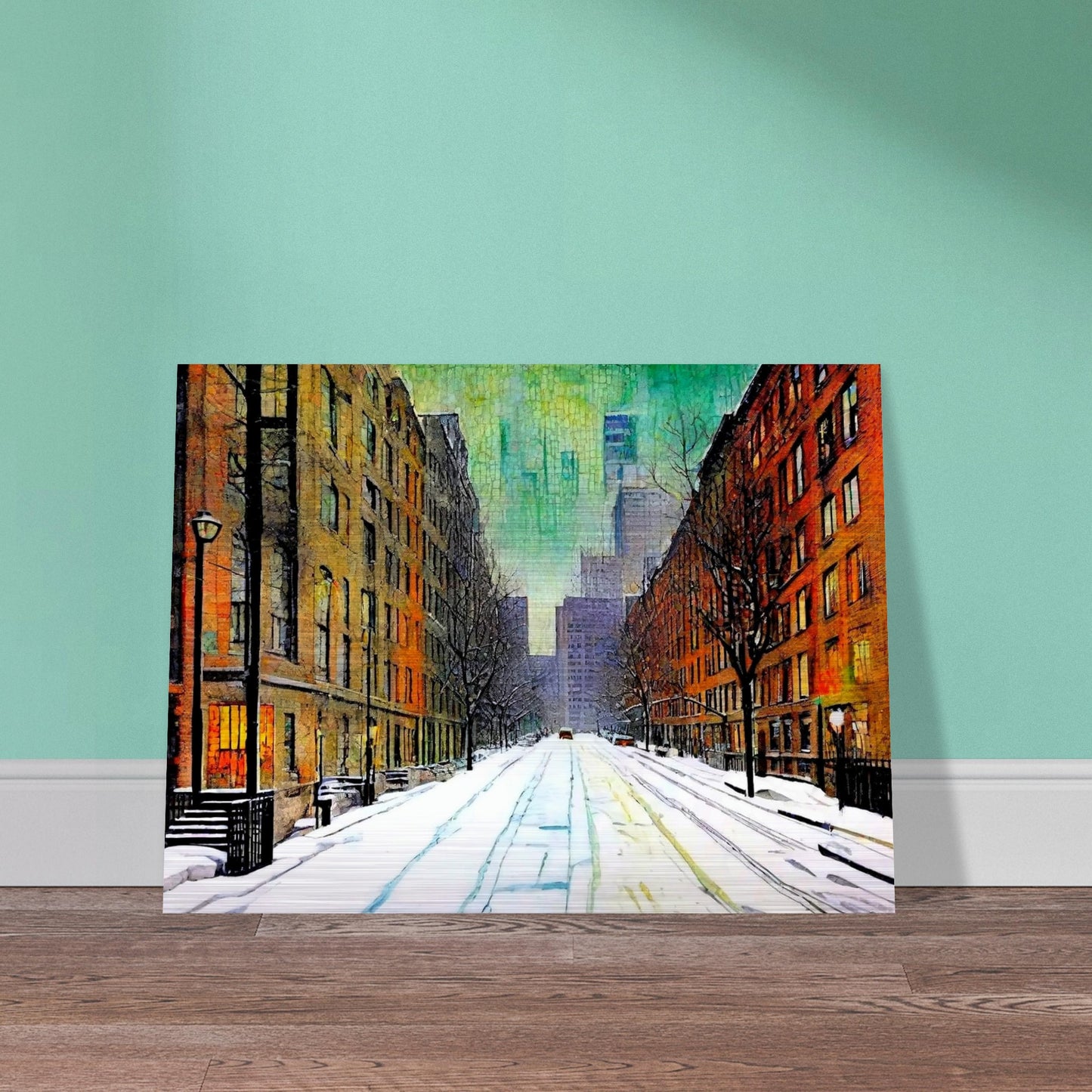 A quiet, snow-covered city street lined with tall buildings on either side, leading to a misty skyline of skyscrapers under a greenish winter sky, evoking peaceful urban solitude.