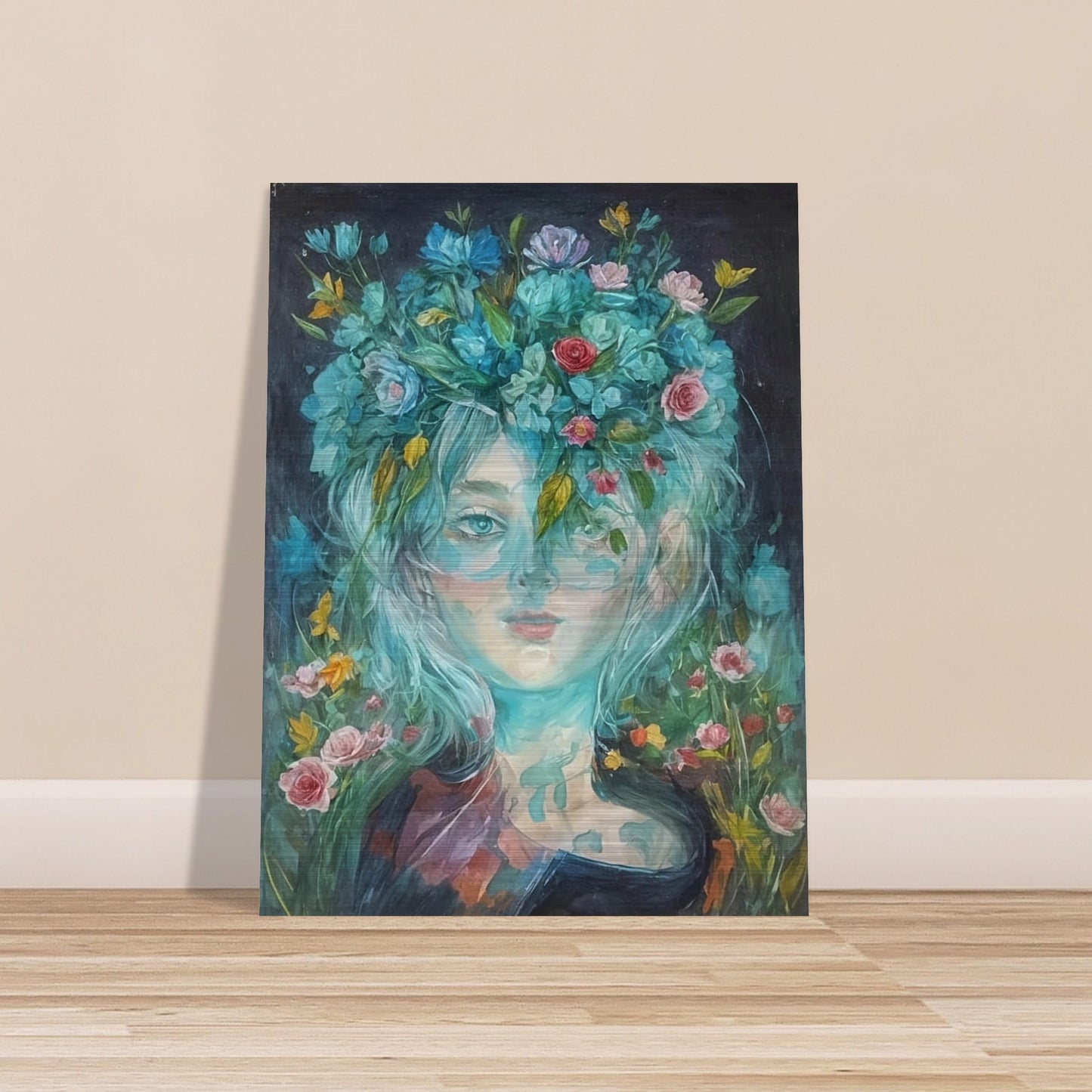 A captivating portrait of a woman with flowers in her hair, blending seamlessly into a vibrant floral background.