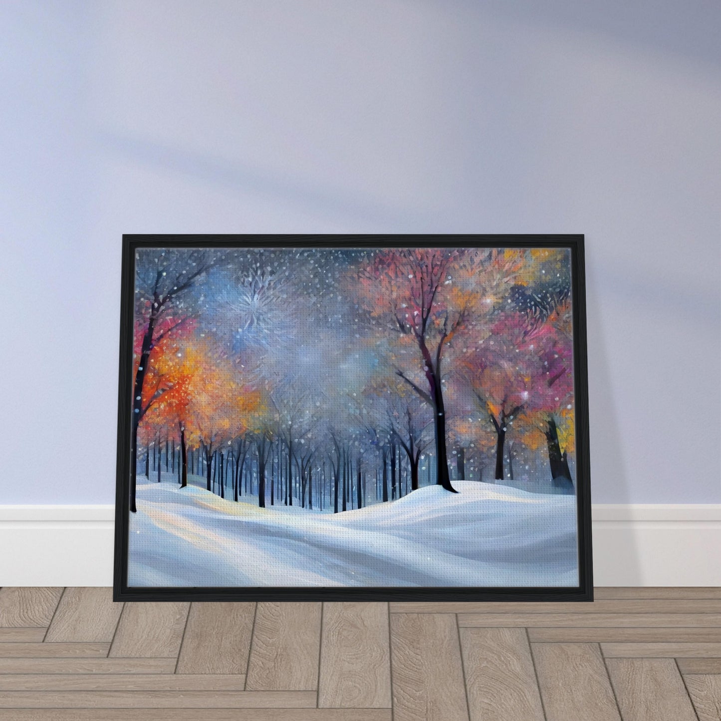 A magical winter forest with colorful, softly glowing trees covered in snow, surrounded by a serene snowfield under a shimmering twilight sky.