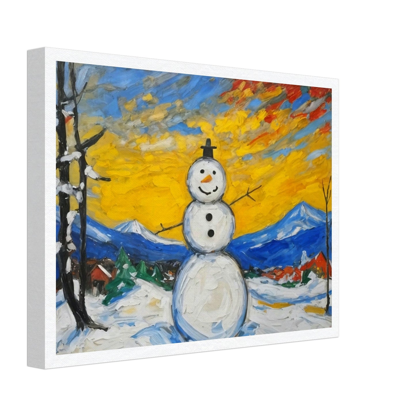 A cheerful snowman stands in a snowy village landscape with a vibrant yellow and orange sunrise, framed by mountains and trees, bringing joy to the winter scene.