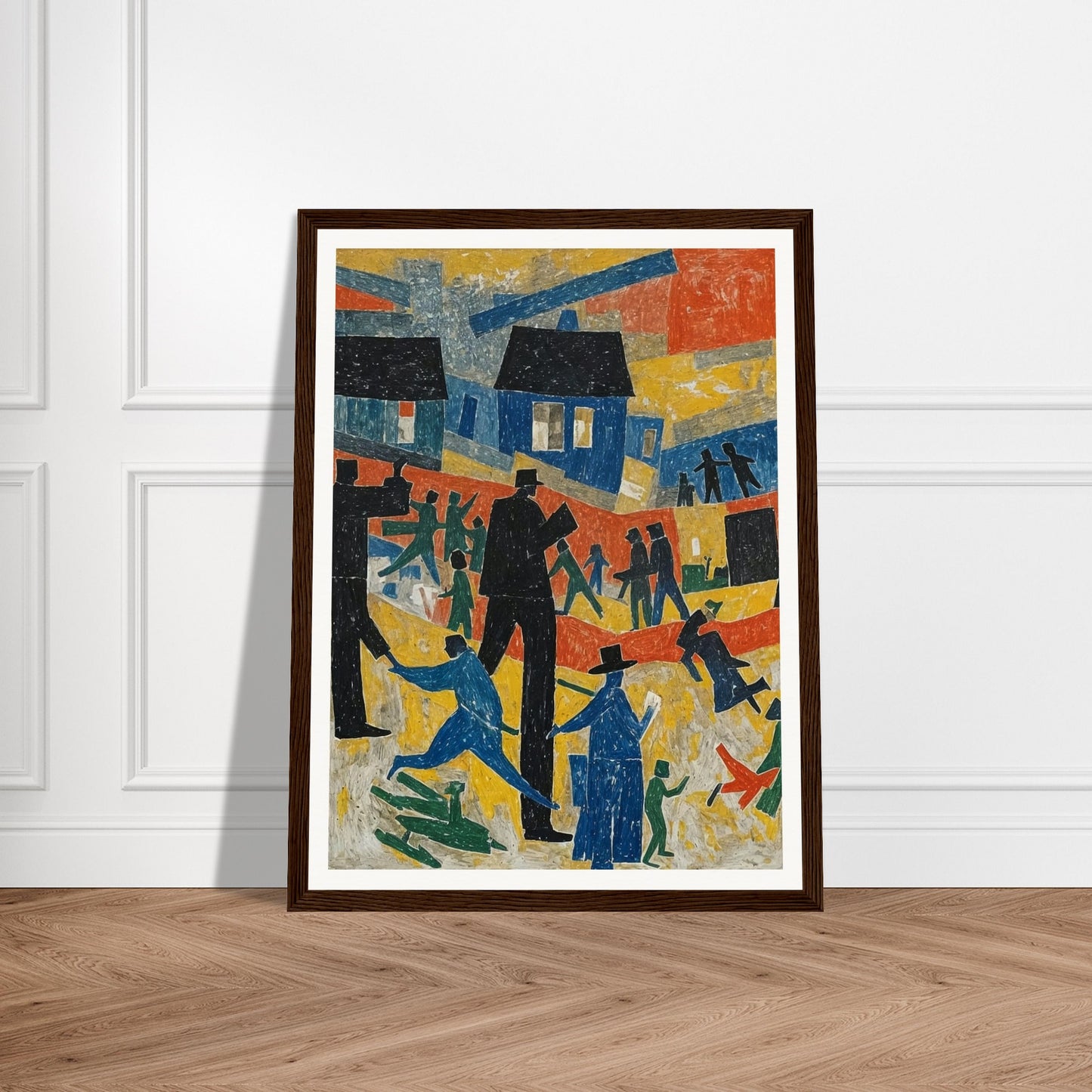 An abstract painting depicting a lively village scene with colorful houses and stylized figures in motion.