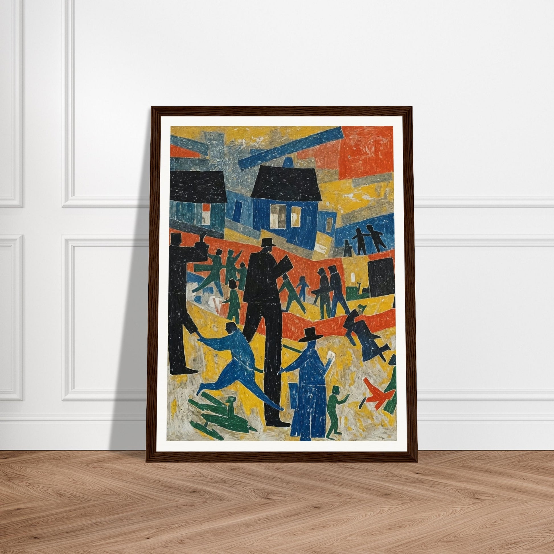 An abstract painting depicting a lively village scene with colorful houses and stylized figures in motion.