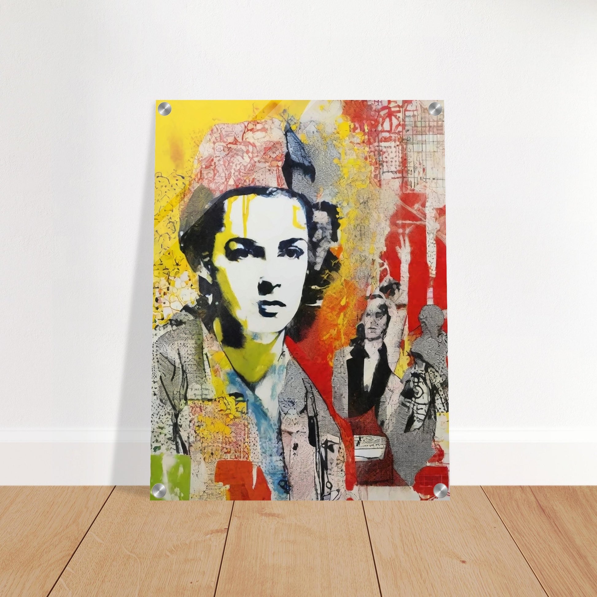 "Bold and colorful collage-like portrait of a serious woman with layers of red, yellow, and abstract patterns in the background."