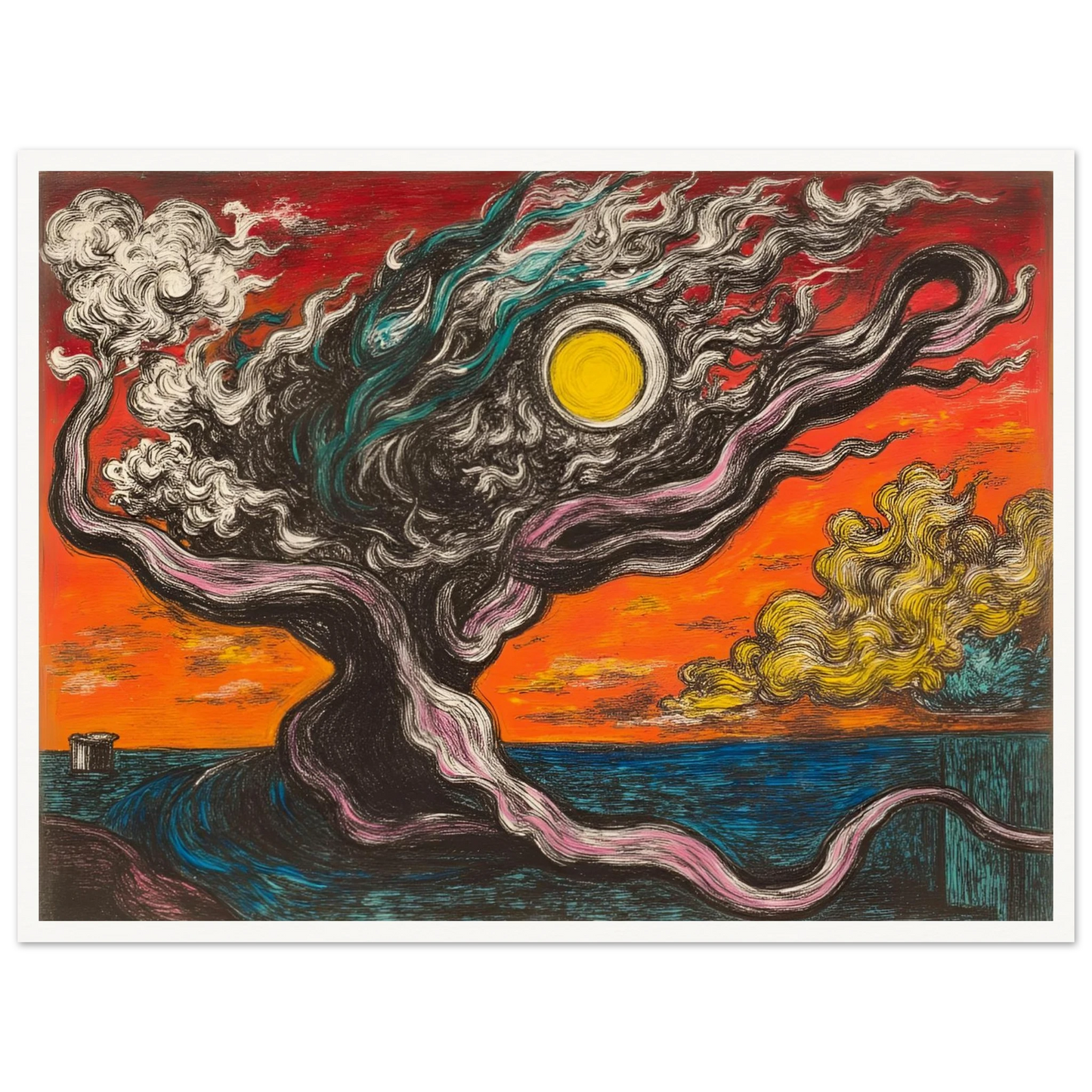 A surreal tree with smoky limbs stretches beneath a fiery orange sky and sun, near a vivid blue sea and yellow clouds.