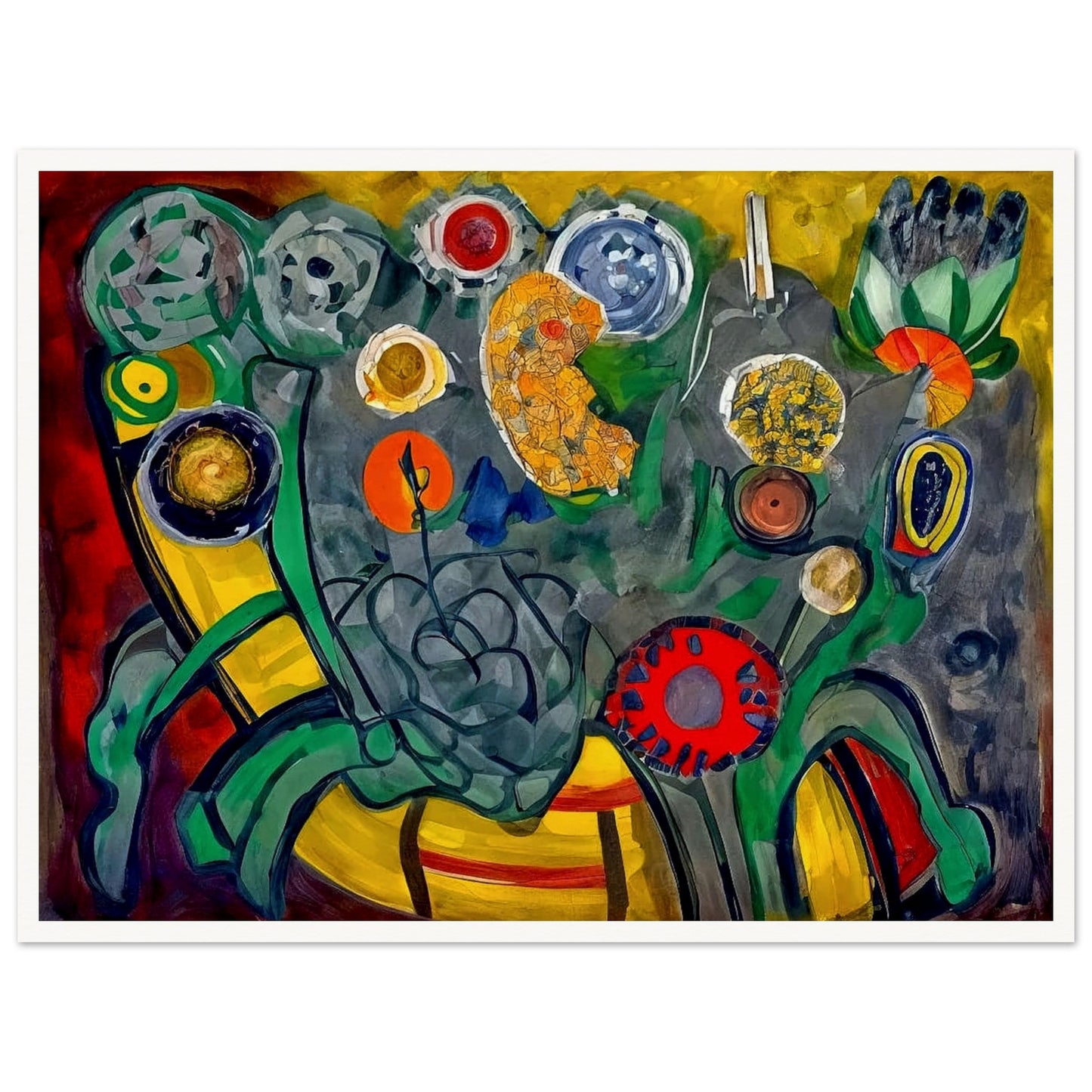 A bold, abstract depiction of colorful flowers with swirling shapes and rich colors like red, yellow, and green, creating an energetic garden-like scene.