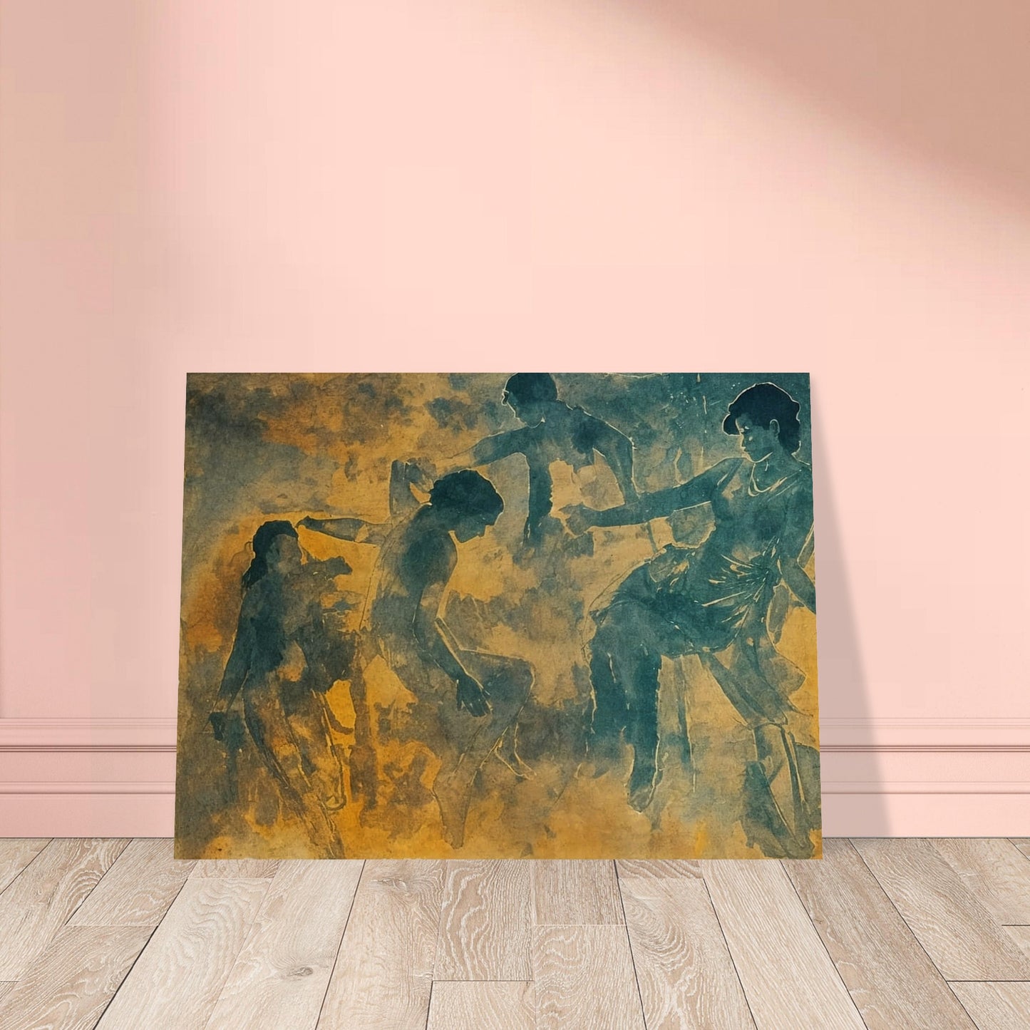 A serene artwork featuring ethereal figures in motion, rendered in soft hues of blue and gold. The dancers appear to be gracefully interacting with one another, evoking a sense of harmony and fluidity.