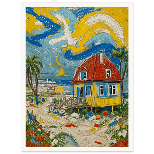 "A vibrant painting of a beach house with a red roof and blue-yellow walls, surrounded by palm trees, flowers, and a swirling colorful sky."