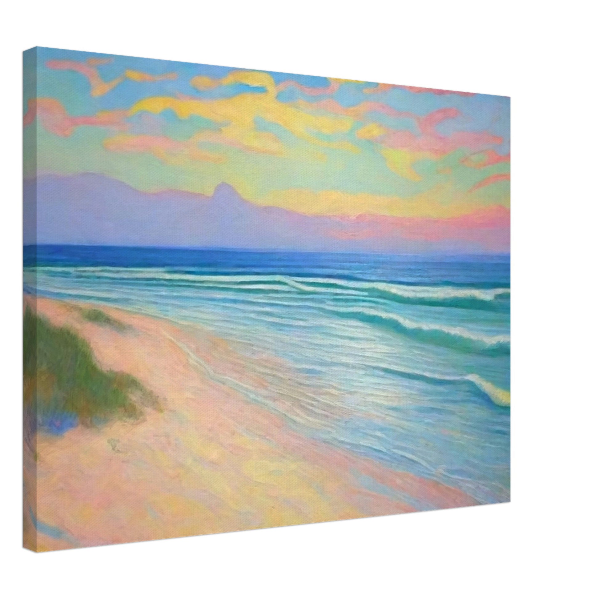 "A serene beach scene with pastel-colored clouds in the sky, gentle waves, and soft sandy shores, creating a peaceful atmosphere."