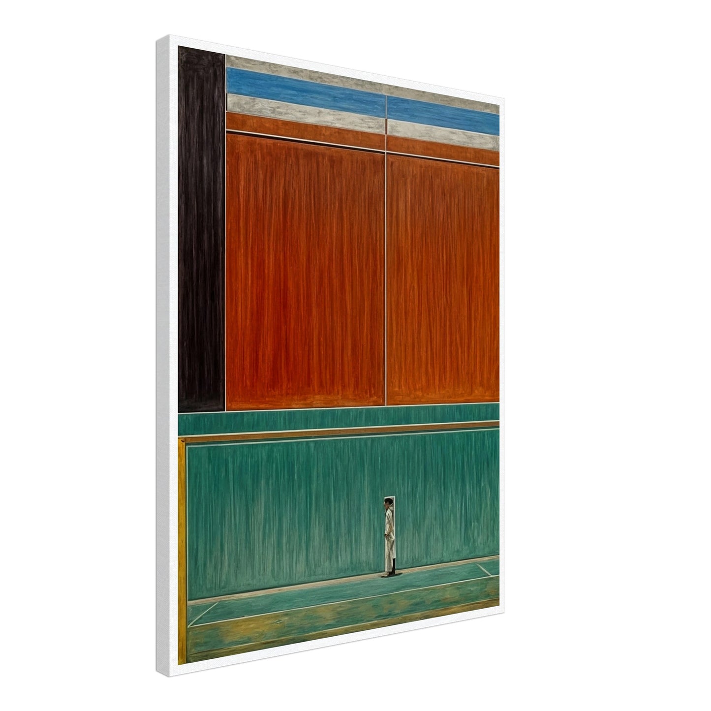 A minimalist painting depicting a solitary figure standing in front of large abstract color blocks.