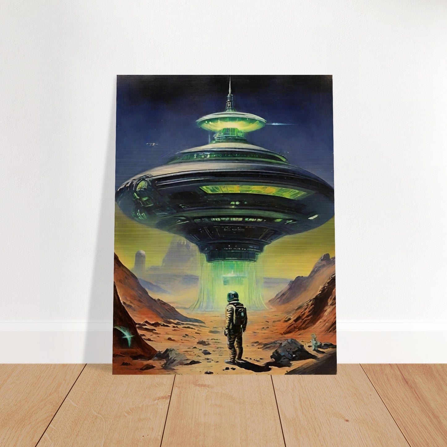 A sci-fi painting of an astronaut standing in front of a large, illuminated alien spacecraft on a barren landscape.