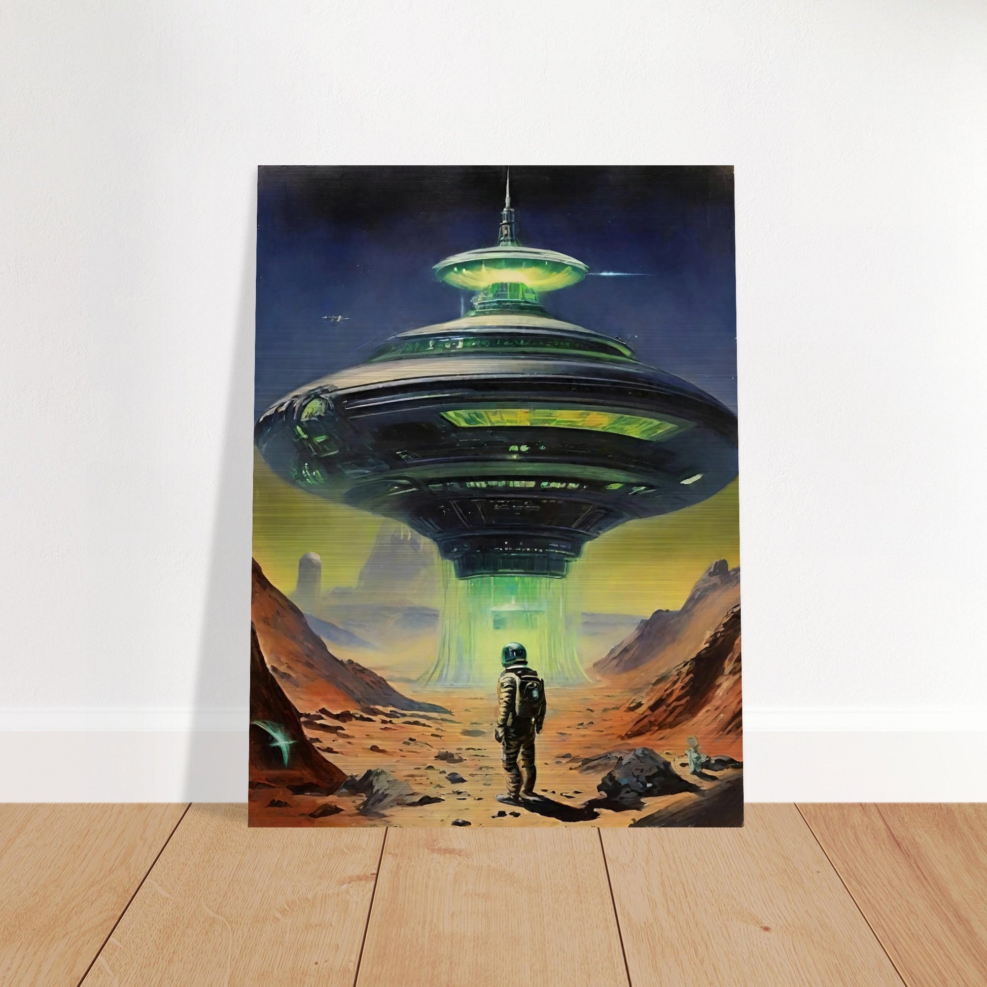 A sci-fi painting of an astronaut standing in front of a large, illuminated alien spacecraft on a barren landscape.