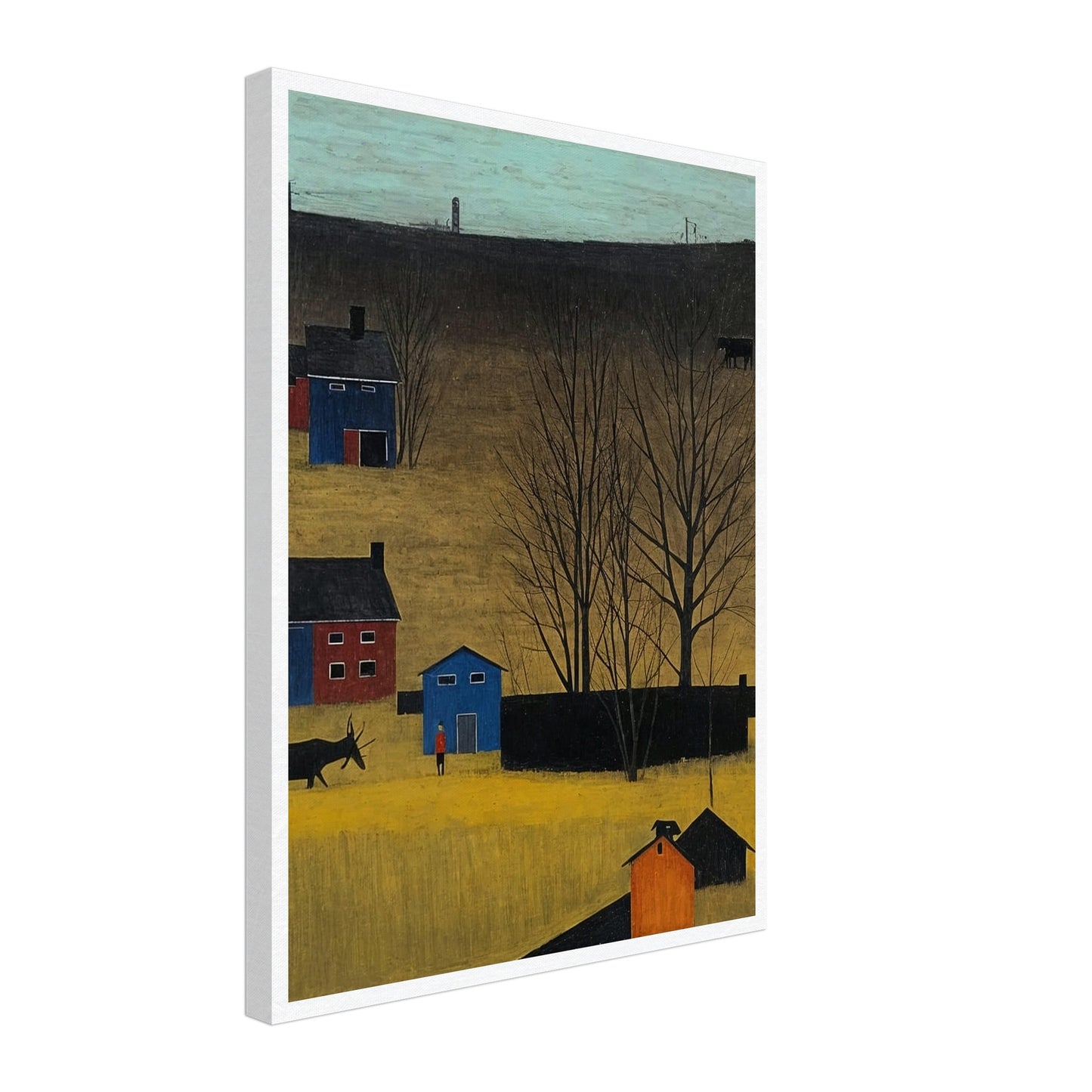 A peaceful rural landscape with houses, trees, and a donkey under a clear sky in autumn.