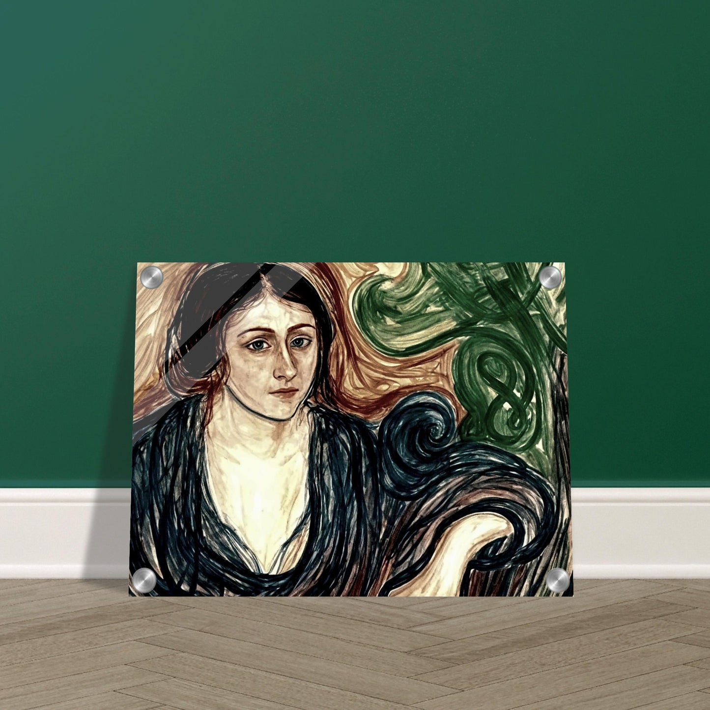 A contemplative portrait of a woman with dark hair, dressed in a flowing blue robe, surrounded by swirling patterns of green and brown.