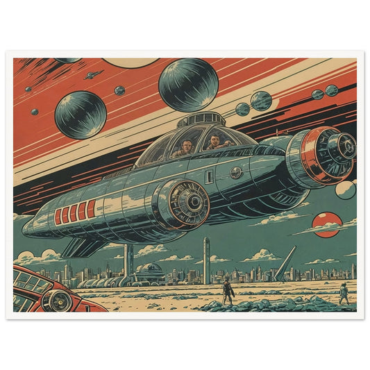 A retro-futuristic artwork featuring a sleek spaceship hovering over a futuristic cityscape, with multiple planets and celestial bodies in the background.