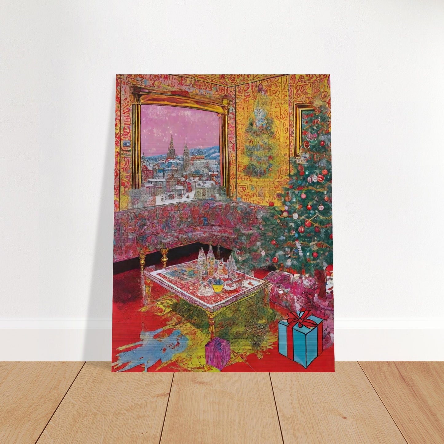 A vibrant living room adorned with a Christmas tree, presents, and festive decorations, featuring a large window showcasing a snowy cityscape with church spires in the distance.