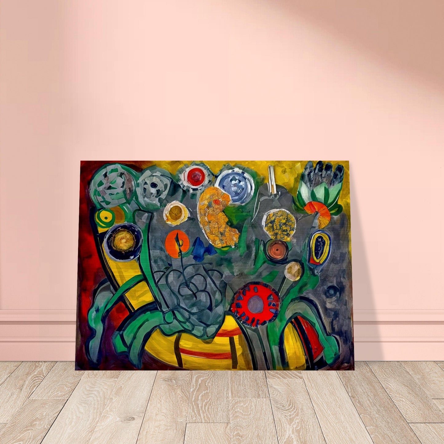 A bold, abstract depiction of colorful flowers with swirling shapes and rich colors like red, yellow, and green, creating an energetic garden-like scene.