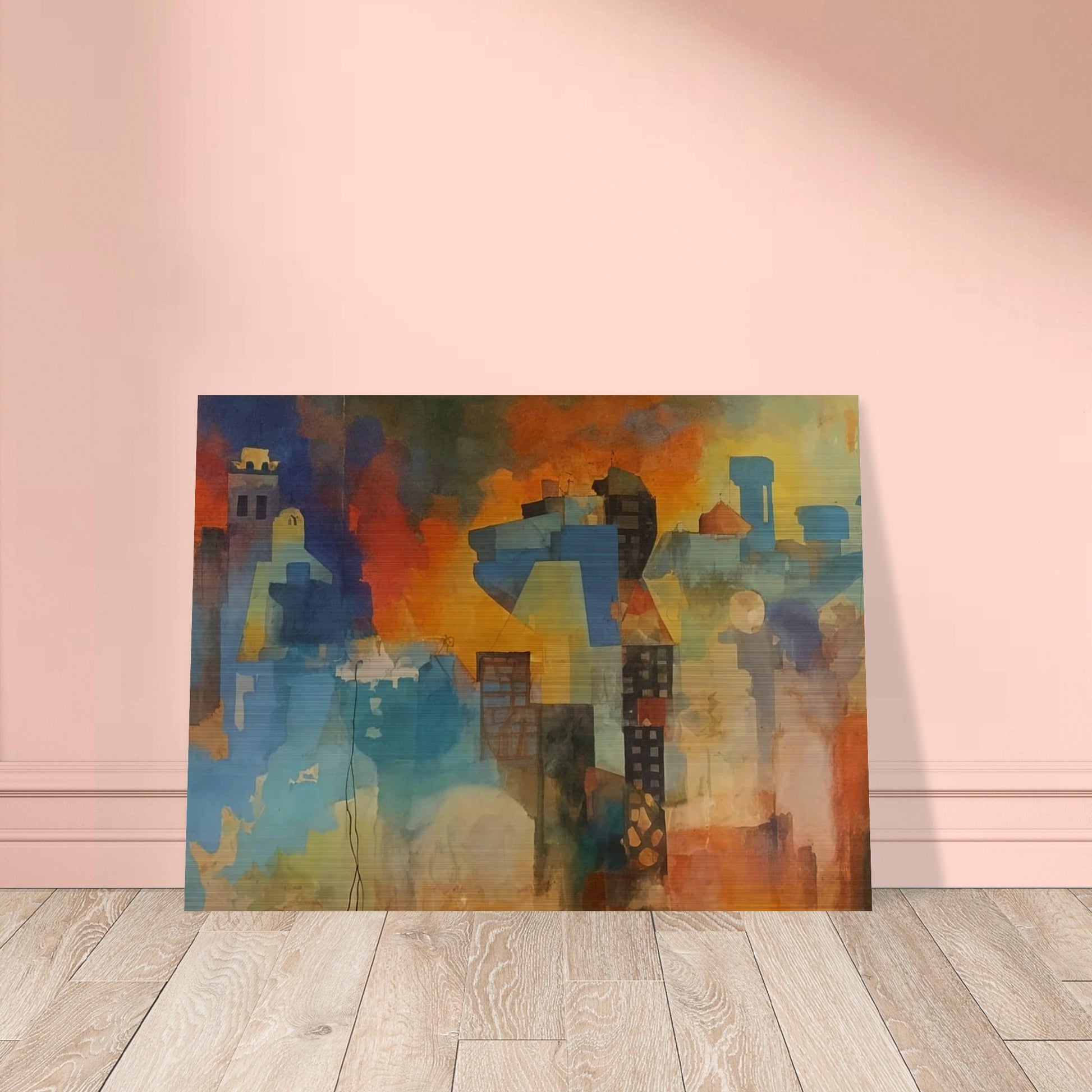 An abstract cityscape painting with a blend of vibrant colors and geometric shapes, illustrating a lively urban scene.