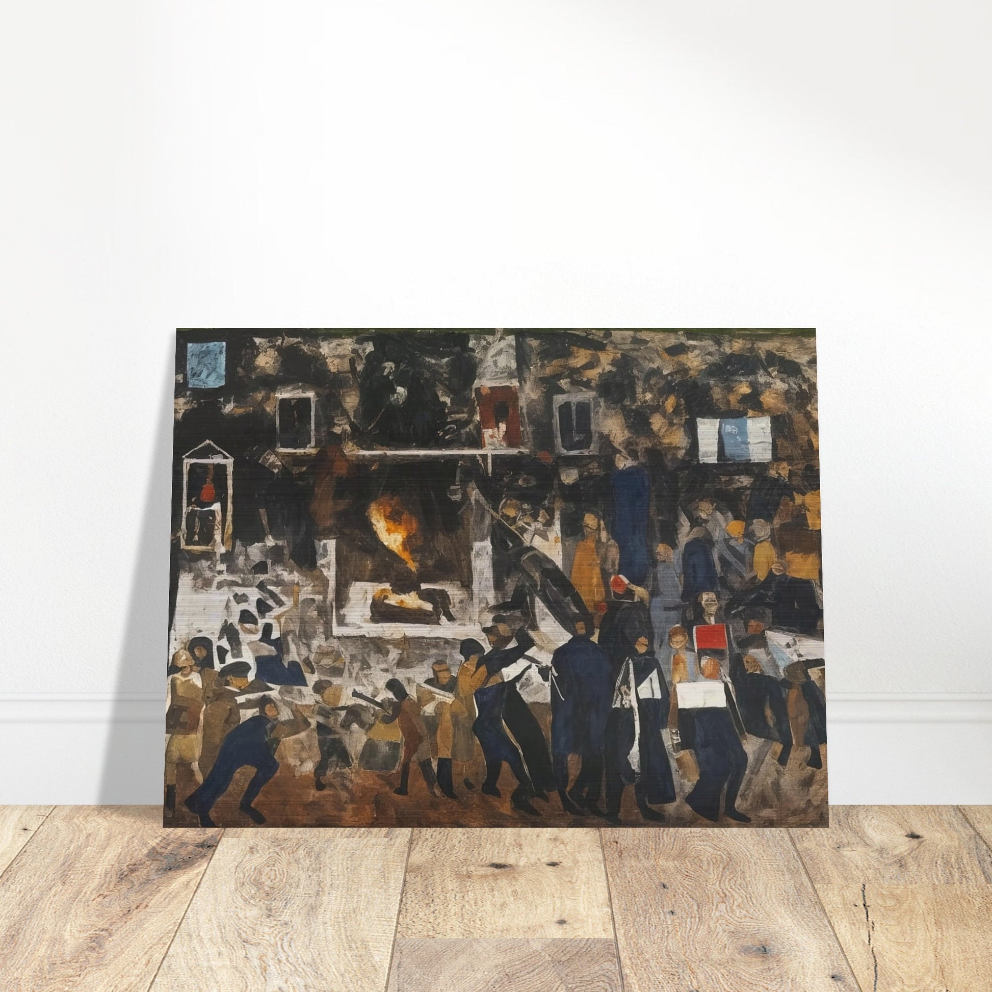 A powerful depiction of a crowded protest scene with figures in motion, conveying the energy and tension of a moment of social unrest.
