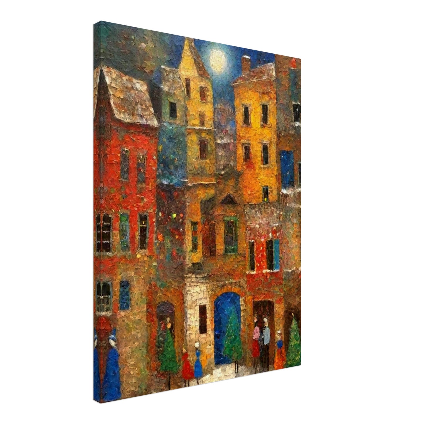 A vibrant village scene under a glowing full moon, with colorful buildings, evergreen trees, and people enjoying a festive atmosphere.