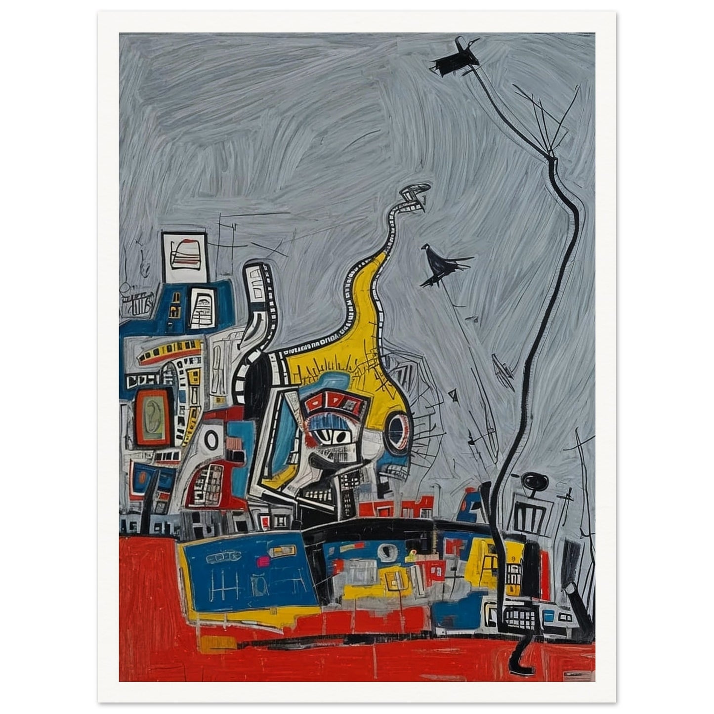 An abstract painting featuring a chaotic yet vibrant urban scene with geometric shapes and bold colors against a gray background.