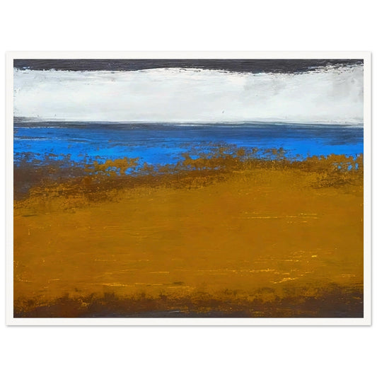 An abstract landscape painting with bold horizontal layers of golden brown, vivid blue, and soft white, evoking a serene connection between land, water, and sky.