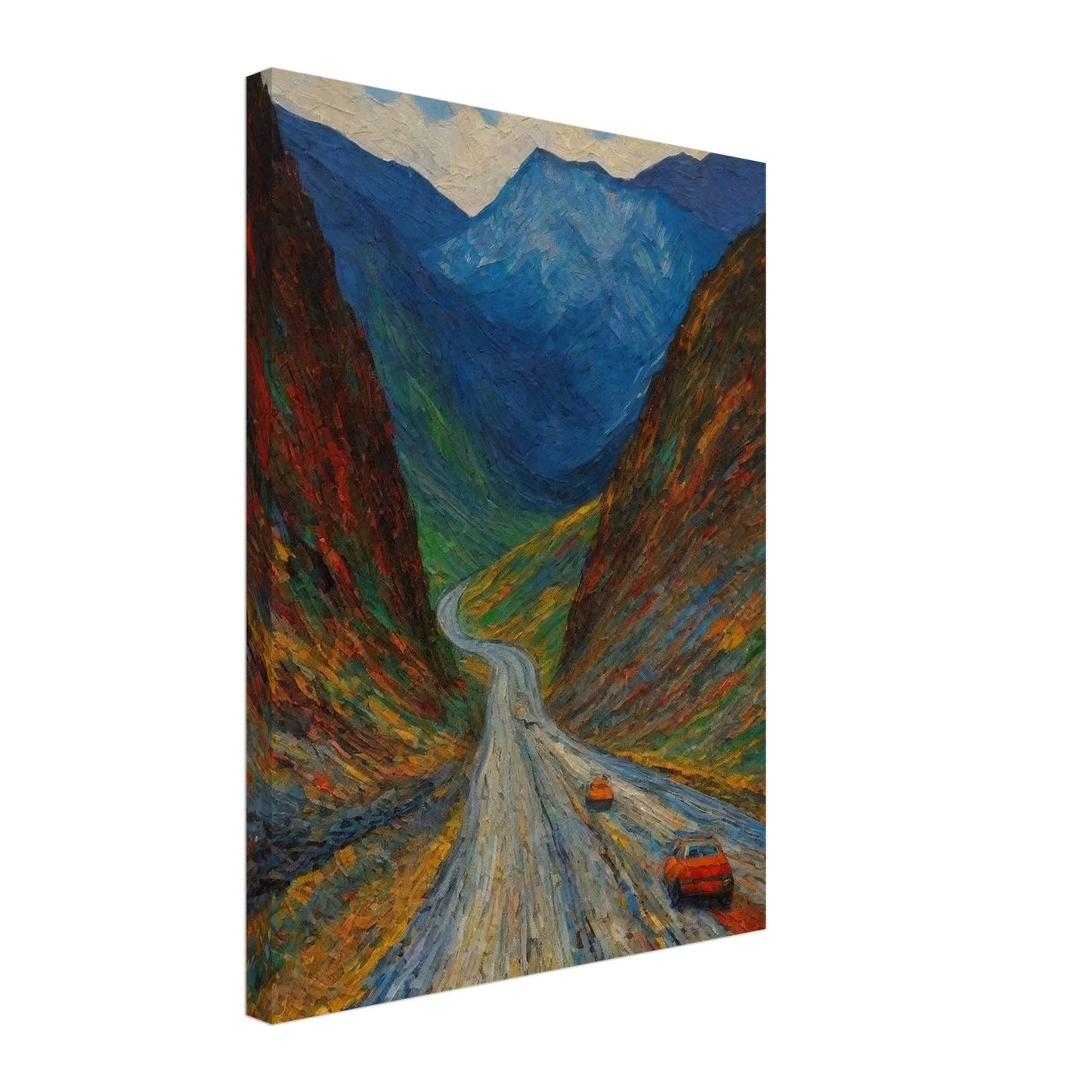 A vivid painting depicting a winding road through a colorful, mountainous landscape with two orange cars traveling along it.