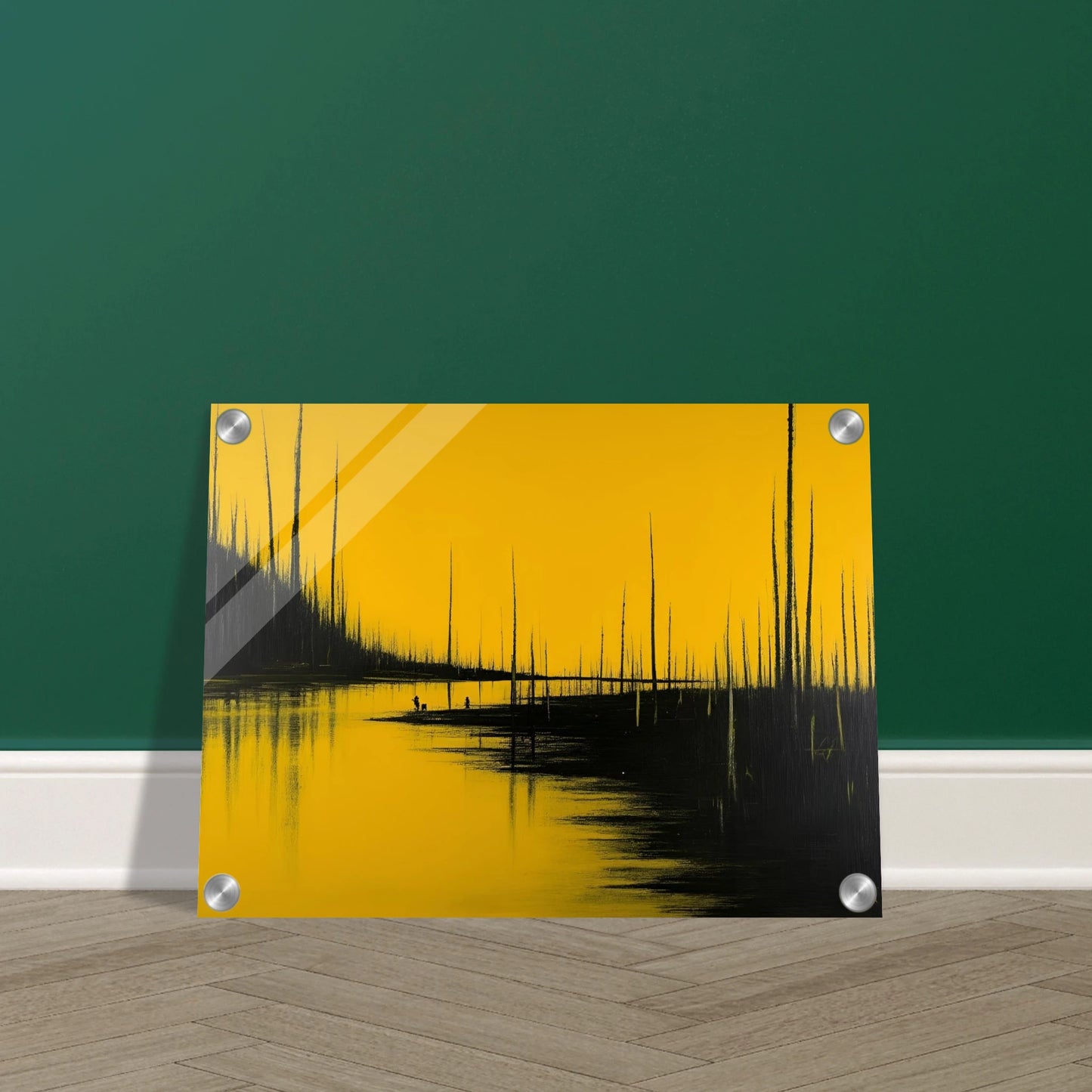 Tall black trees pierce a golden-yellow sky, reflected in still waters as tiny figures stand quietly in the surreal forest scene.