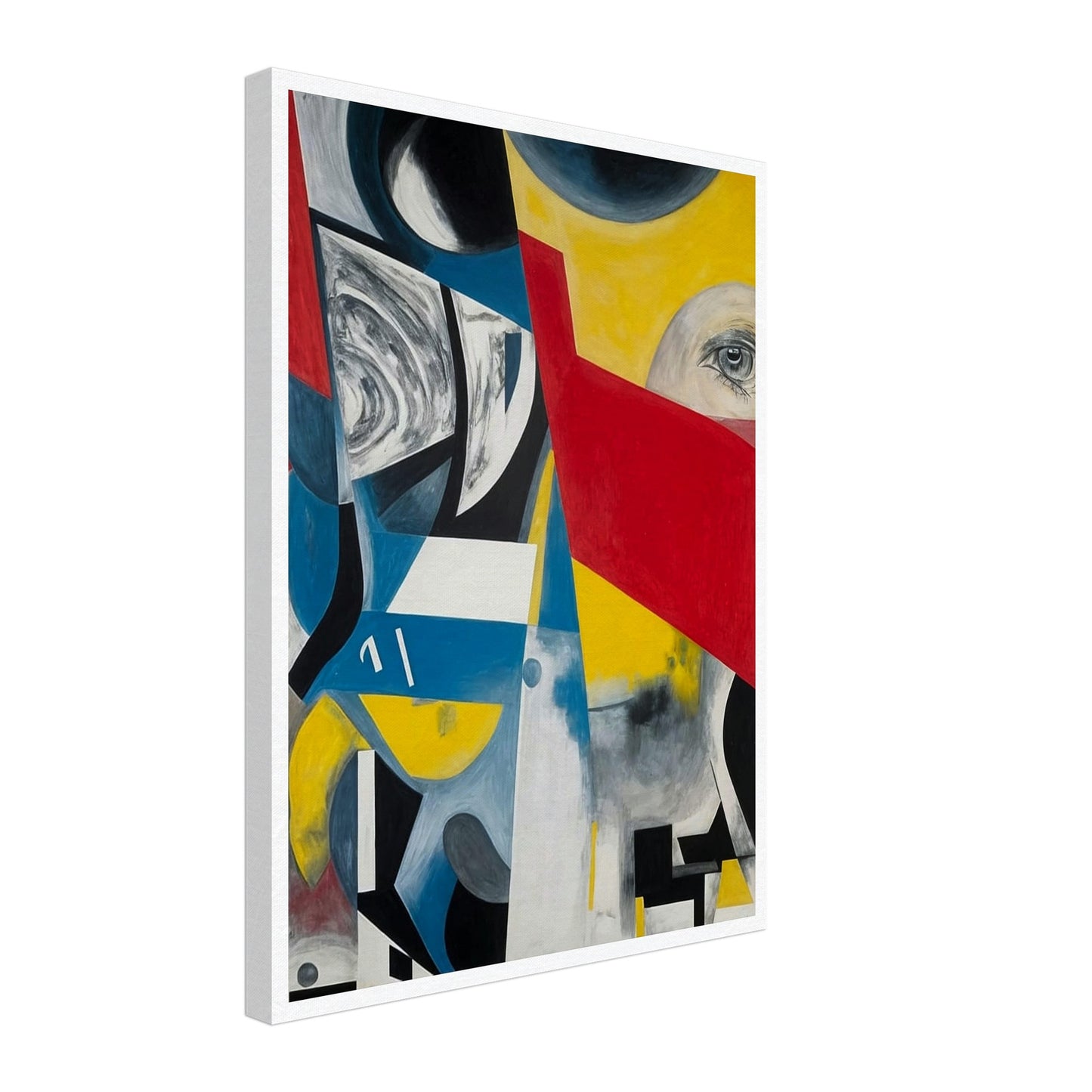 An abstract composition with bold geometric shapes in vibrant colors, including red, yellow, blue, and black. The image features an eye peeking through a red triangular shape, surrounded by swirling patterns and sharp angles, creating a sense of disjointed perception and complexity