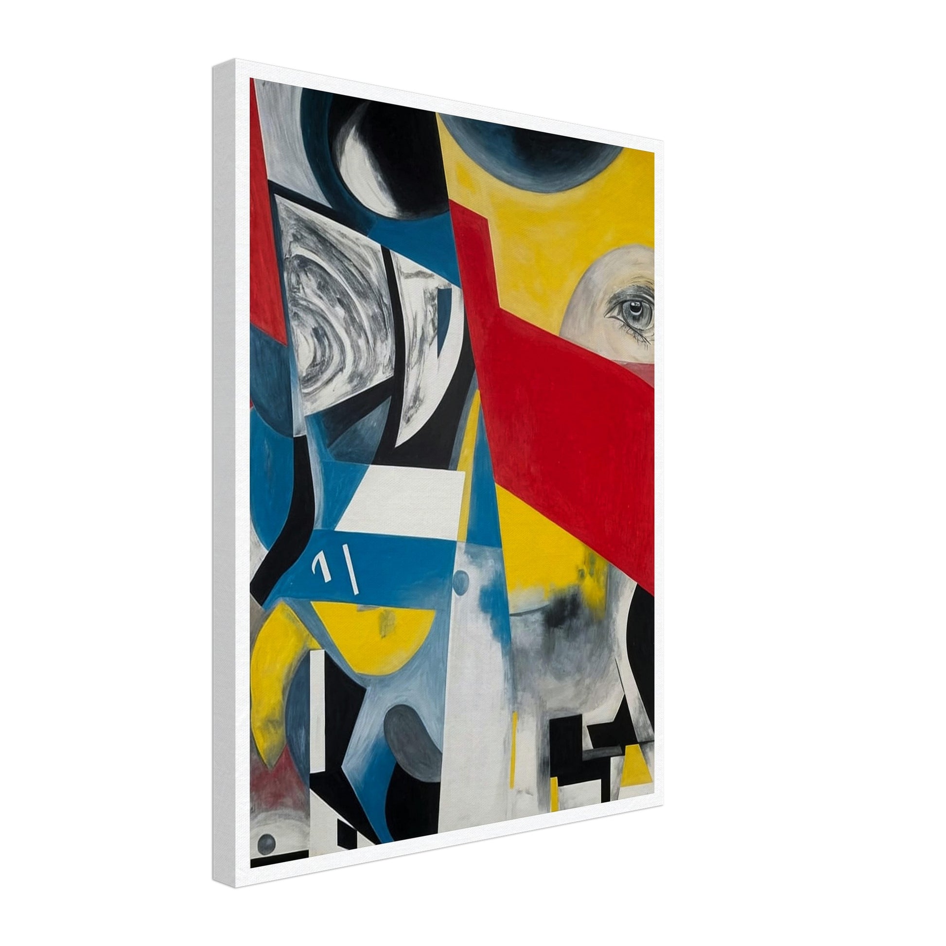 An abstract composition with bold geometric shapes in vibrant colors, including red, yellow, blue, and black. The image features an eye peeking through a red triangular shape, surrounded by swirling patterns and sharp angles, creating a sense of disjointed perception and complexity