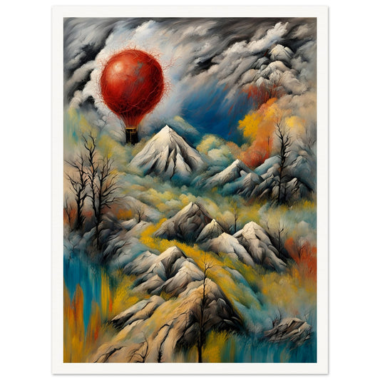 A surreal landscape featuring snow-capped mountains, swirling clouds, and a glowing red hot air balloon floating amidst dramatic skies.