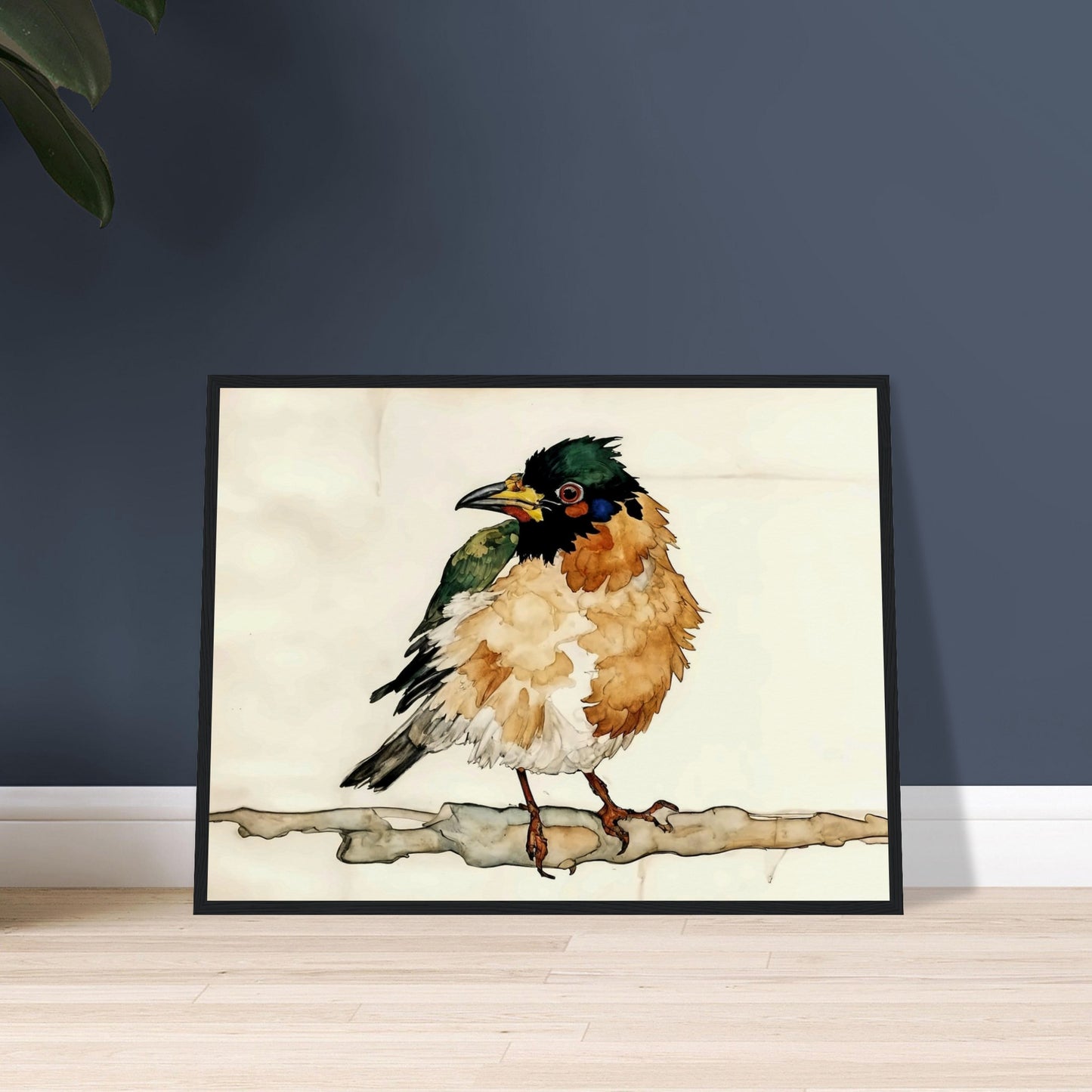 "A delicate painting of a small bird with fluffy, colorful feathers perched on a branch, set against a soft, neutral background."