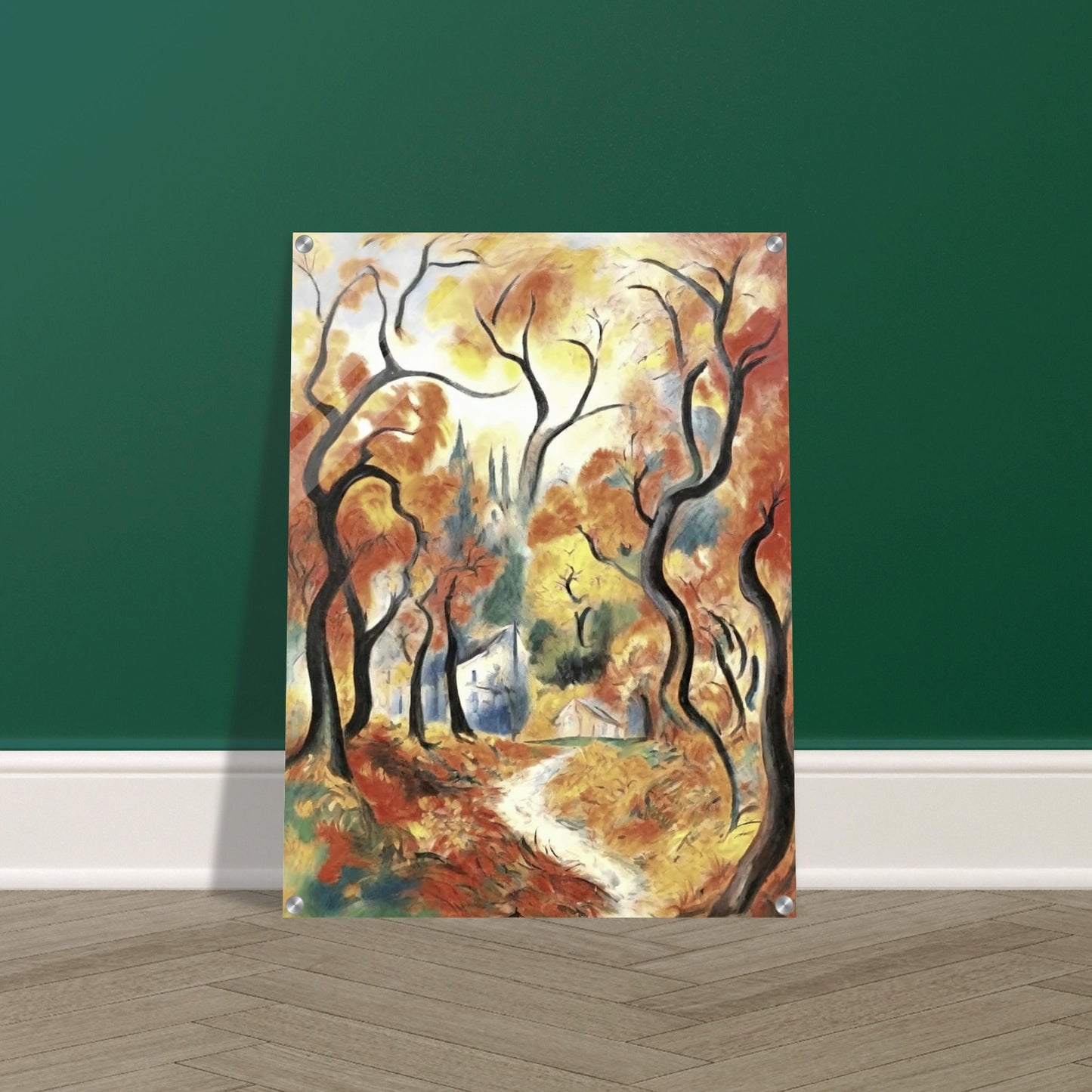 "A vibrant autumn landscape with twisted trees and a winding path leading to a cottage, framed by golden and orange leaves."