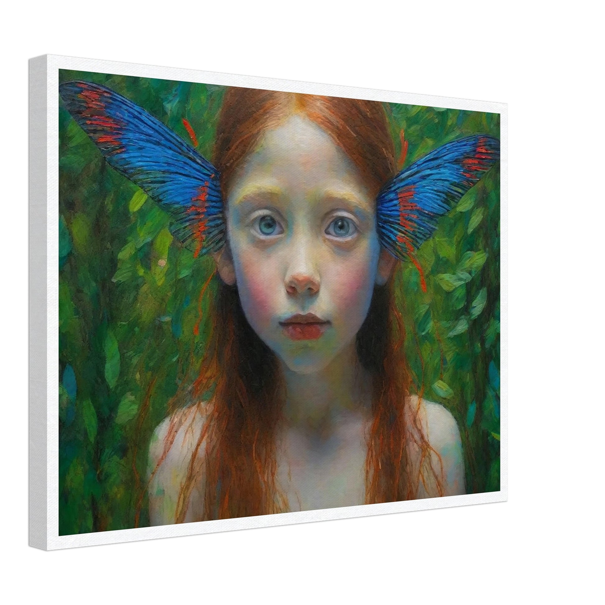 A realistic painting of a young girl with long red hair and vibrant butterfly wings emerging from her ears. She stands against a lush green background, looking directly at the viewer.