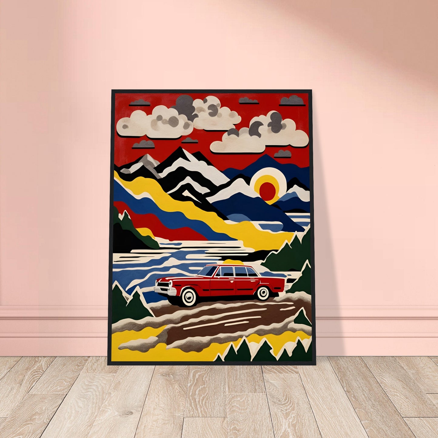 A vibrant, stylized painting of a classic red car driving through a colorful mountain landscape under a bold red sky with clouds and a setting sun.