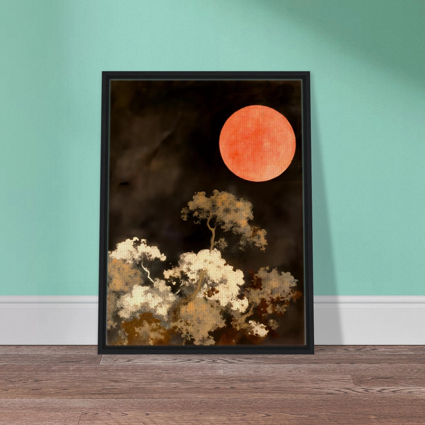 A glowing red moon floats over wispy trees in the dark, creating a dreamlike night scene with fiery contrast and quiet drama.