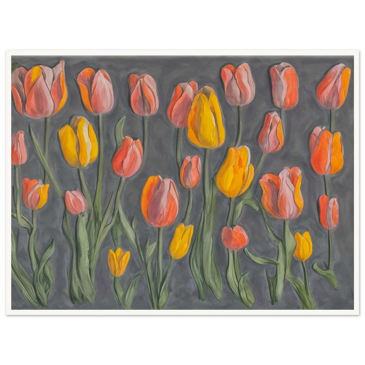 A charming display of orange and yellow tulips standing tall against a muted gray background, showcasing their vibrant colors and graceful stems.