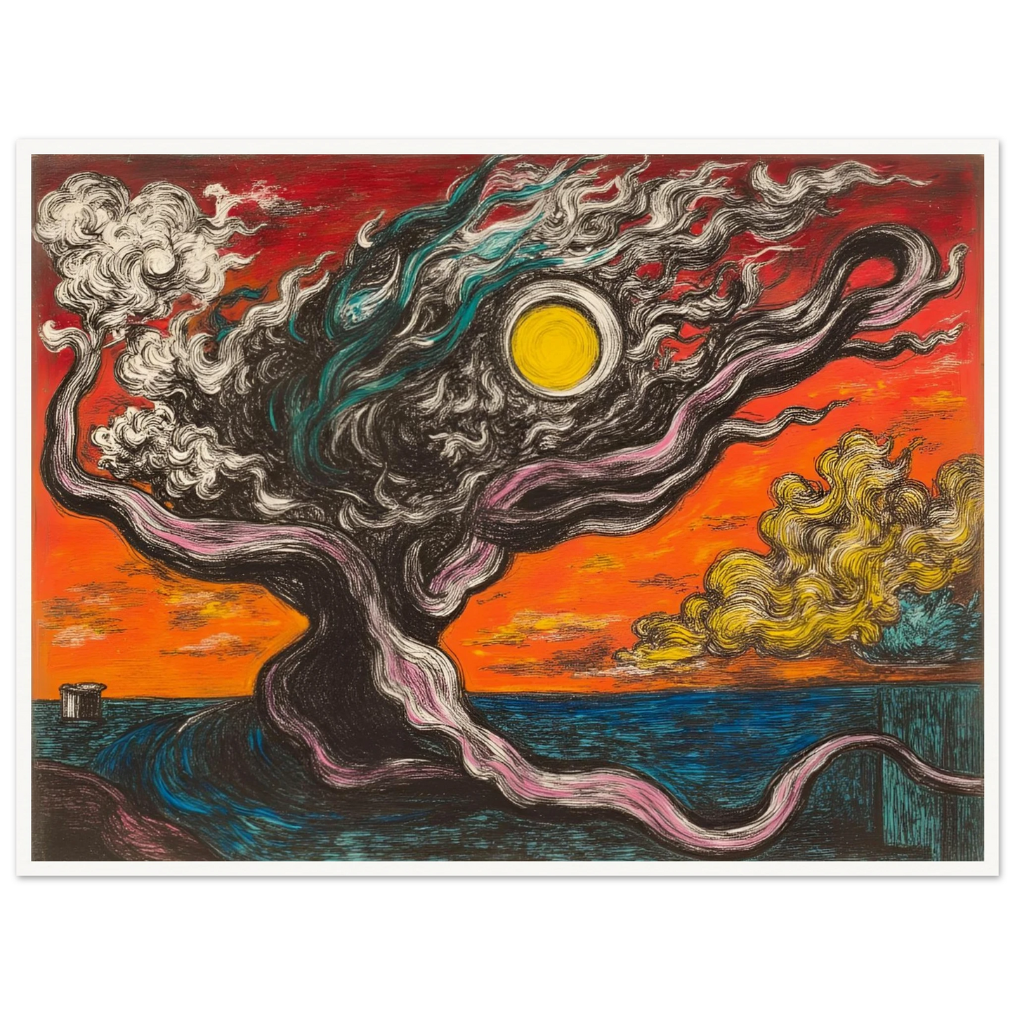 A surreal tree with smoky limbs stretches beneath a fiery orange sky and sun, near a vivid blue sea and yellow clouds.