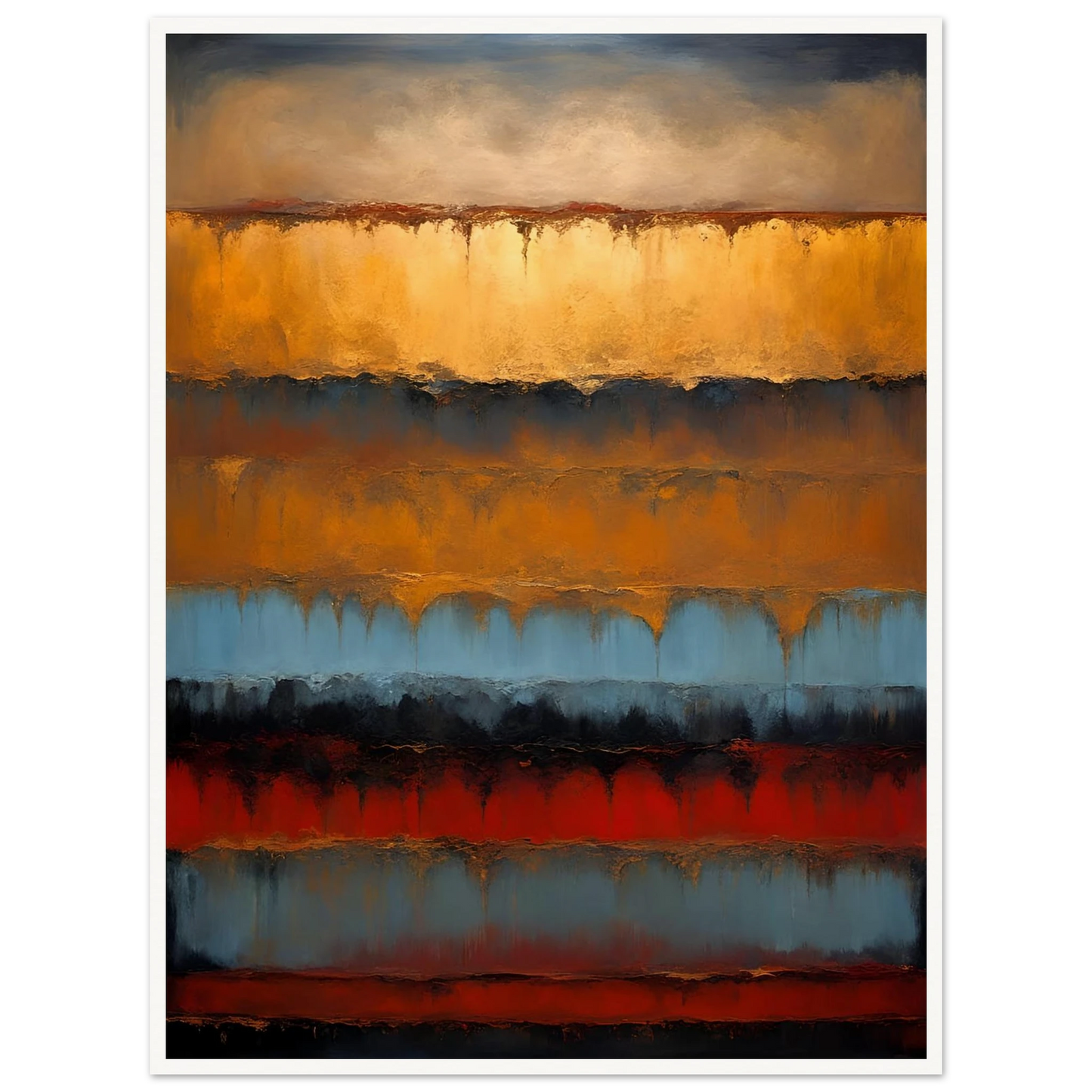 Rich bands of gold, rust, blue, and black flow like sediment layers in a moody, textured expression of earth and time.
