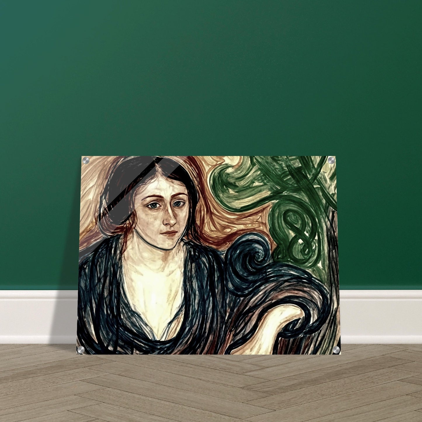 A contemplative portrait of a woman with dark hair, dressed in a flowing blue robe, surrounded by swirling patterns of green and brown.