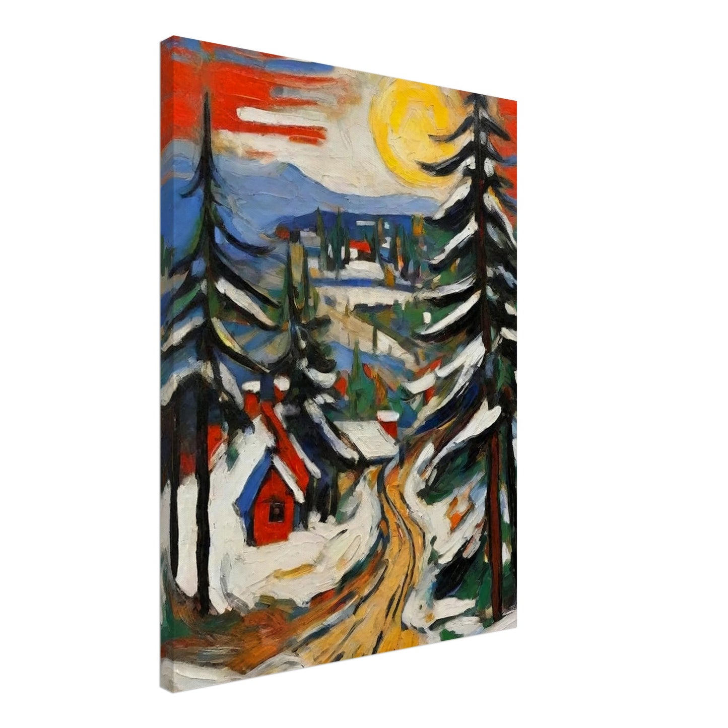 "A vibrant painting of a snow-covered village under a bright yellow sun, with tall pine trees and a winding golden path leading through the scene."