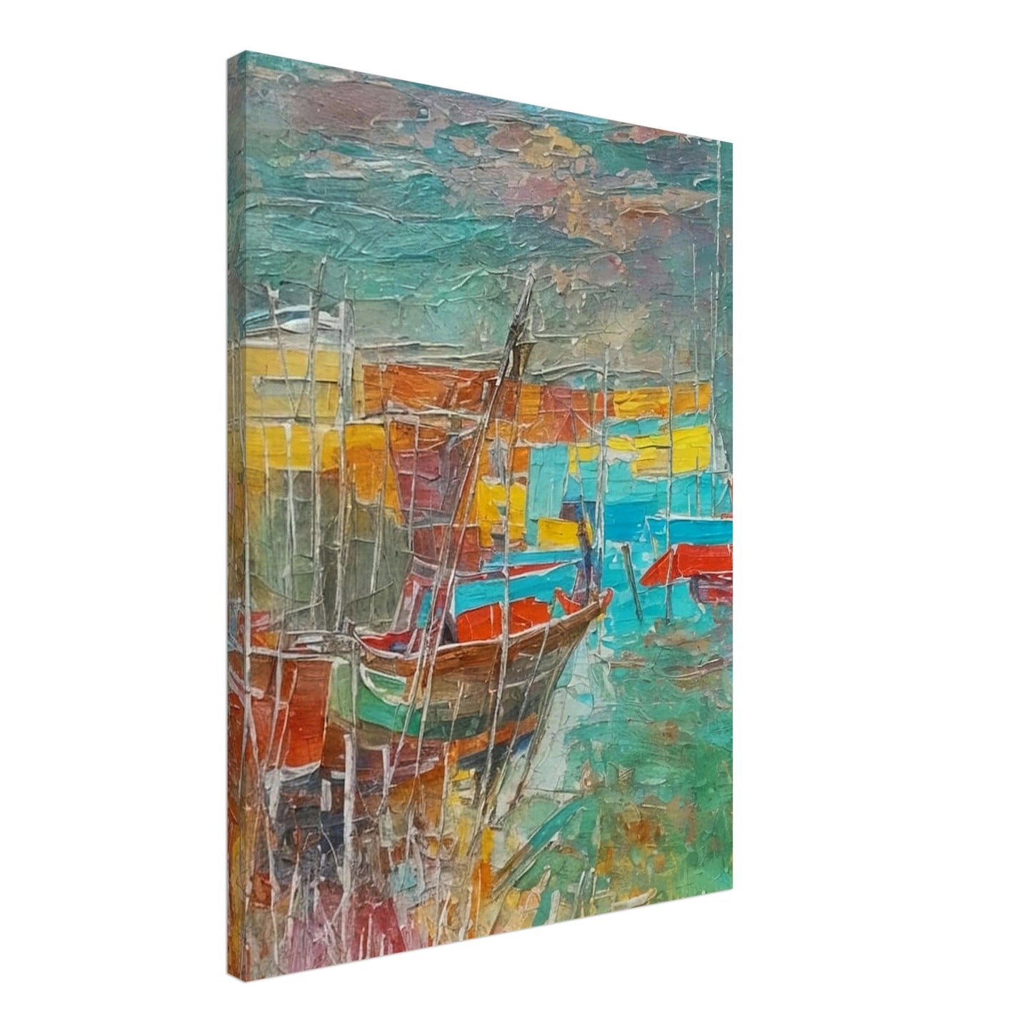 A vibrant, textured painting of boats docked at a harbor, with bold colors of red, blue, and yellow blending into the water and sky, creating a lively and colorful seascape.