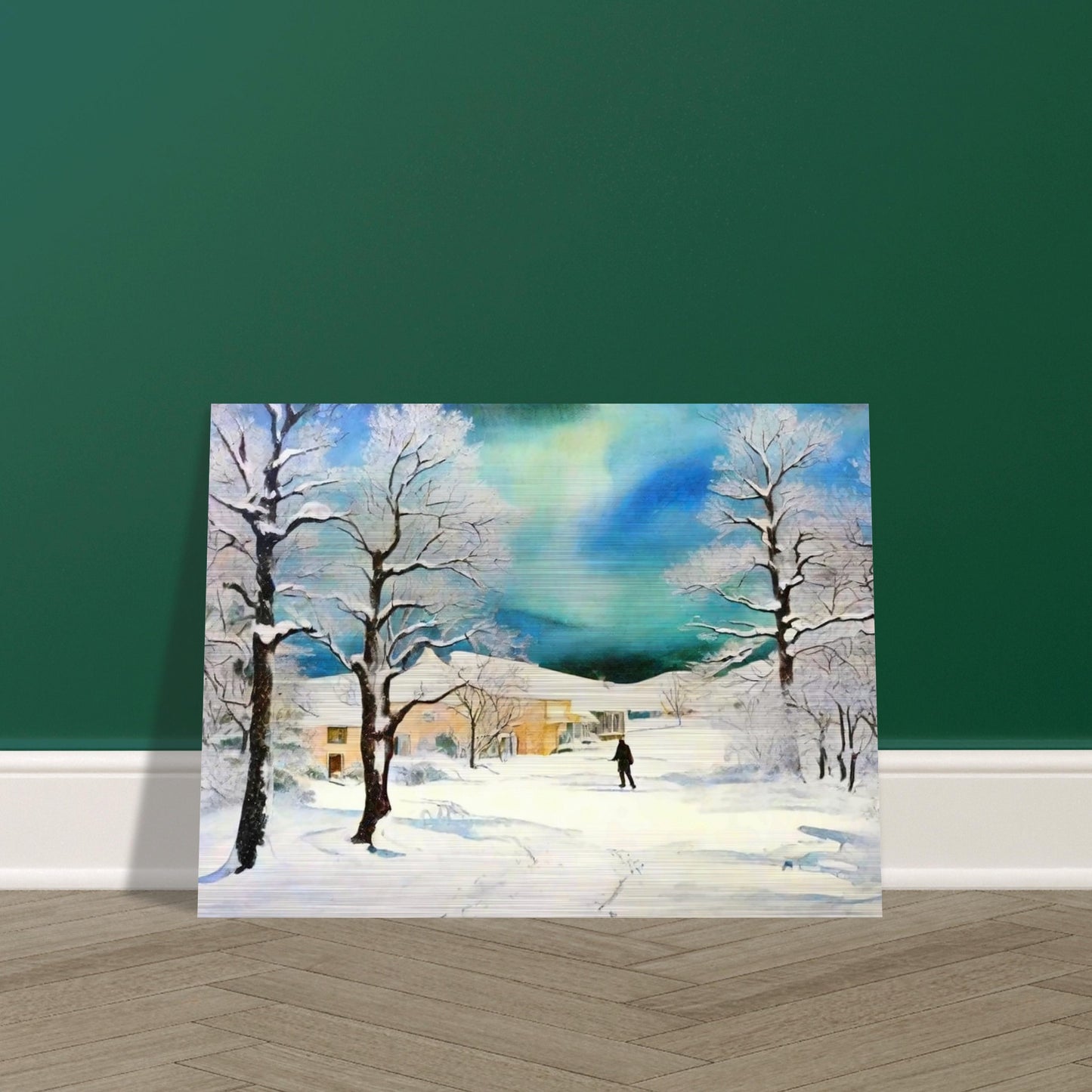 A serene winter landscape featuring snow-covered trees, a lone figure walking through the snow, and warm houses nestled under a stunning blue-green sky.