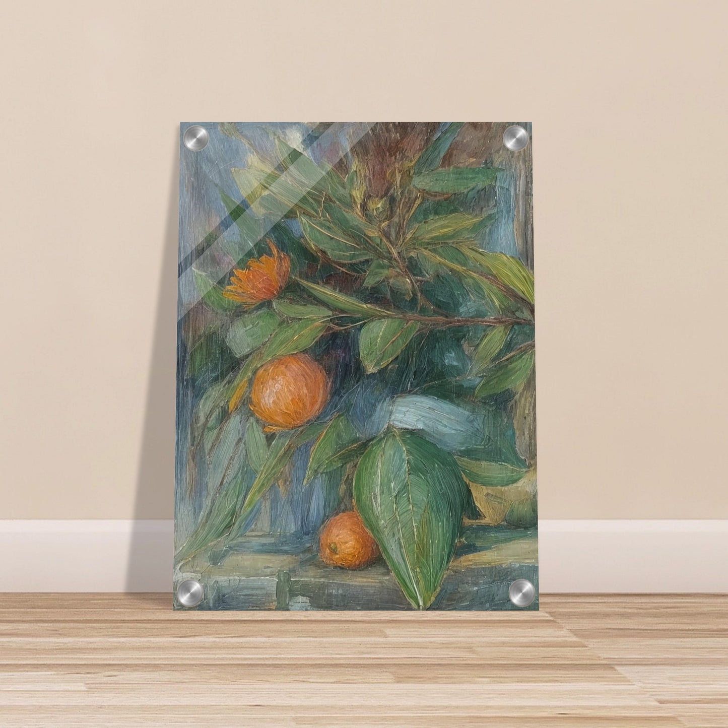 A still life painting featuring a vibrant arrangement of orange fruits and green leaves, showcasing the beauty and abundance of nature.