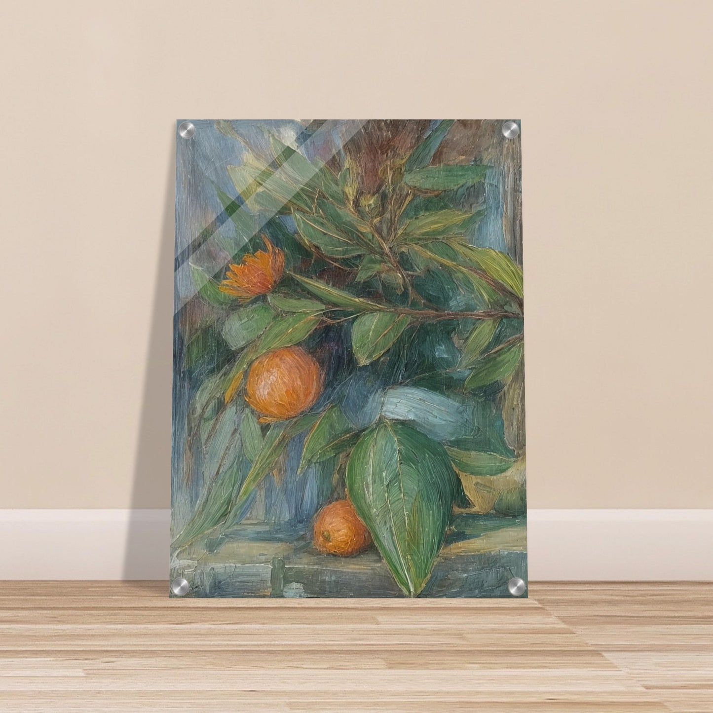 A still life painting featuring a vibrant arrangement of orange fruits and green leaves, showcasing the beauty and abundance of nature.
