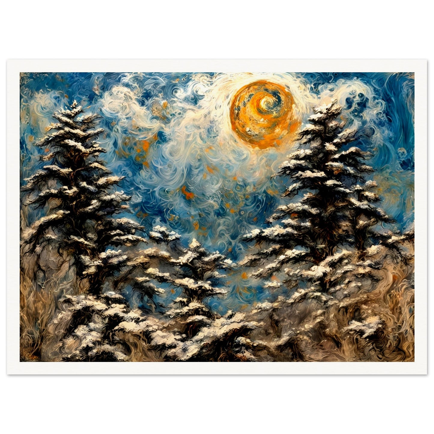 A mesmerizing winter landscape painting with swirling snow-covered trees, a glowing golden sun, and a vibrant blue sky with intricate textures.