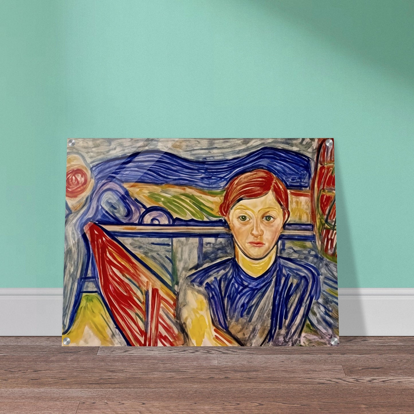 An expressive painting of a figure with red hair, seated against a vibrant background of swirling blue, red, and green brushstrokes, creating a sense of deep thought and inner reflection.