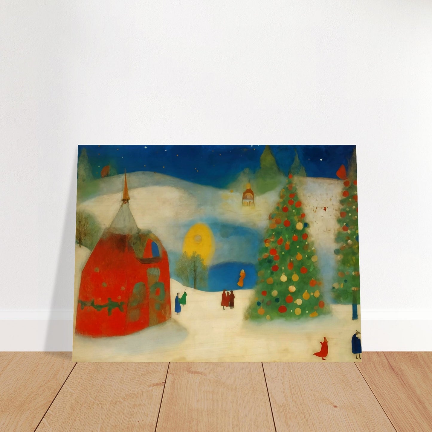 A whimsical winter scene with a large Christmas tree decorated in vibrant ornaments, a cozy red house, and figures strolling through a snowy landscape under a night sky.