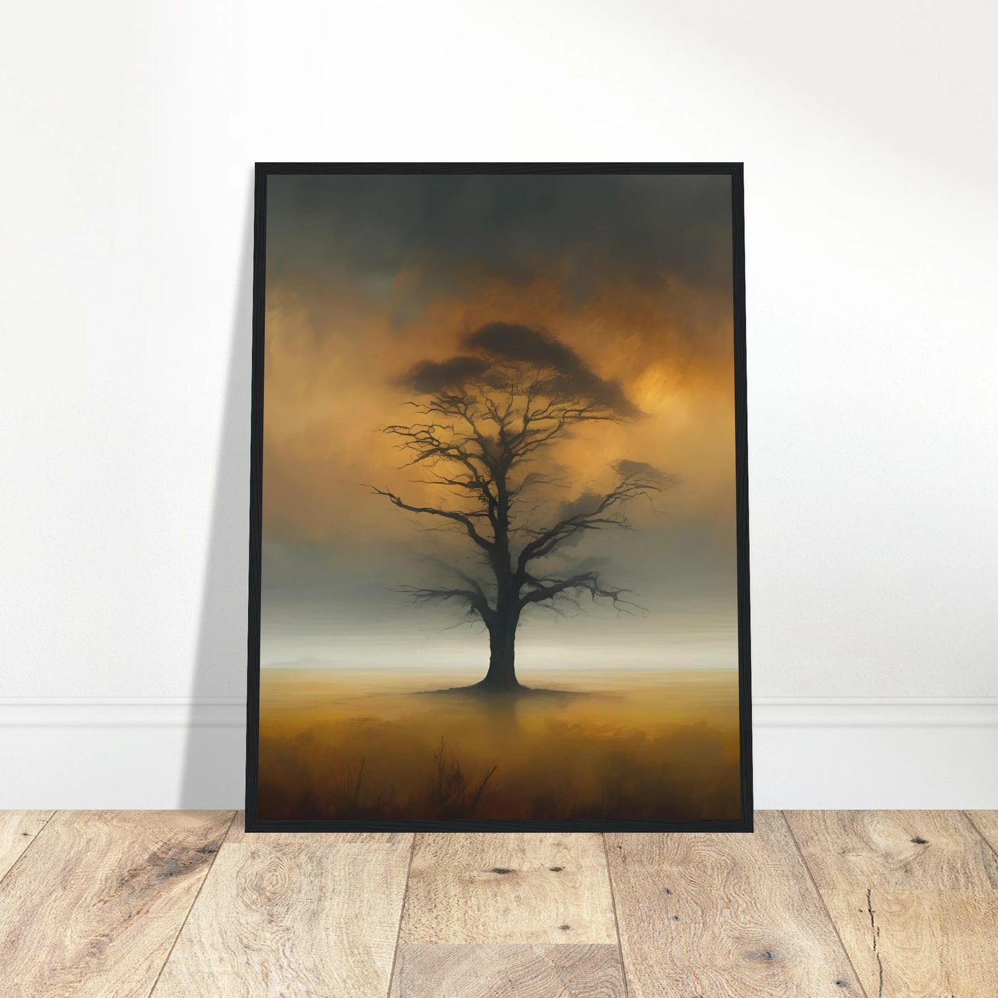 A solitary tree with bare branches stands in a foggy golden field, framed by a smoky, glowing twilight sky.