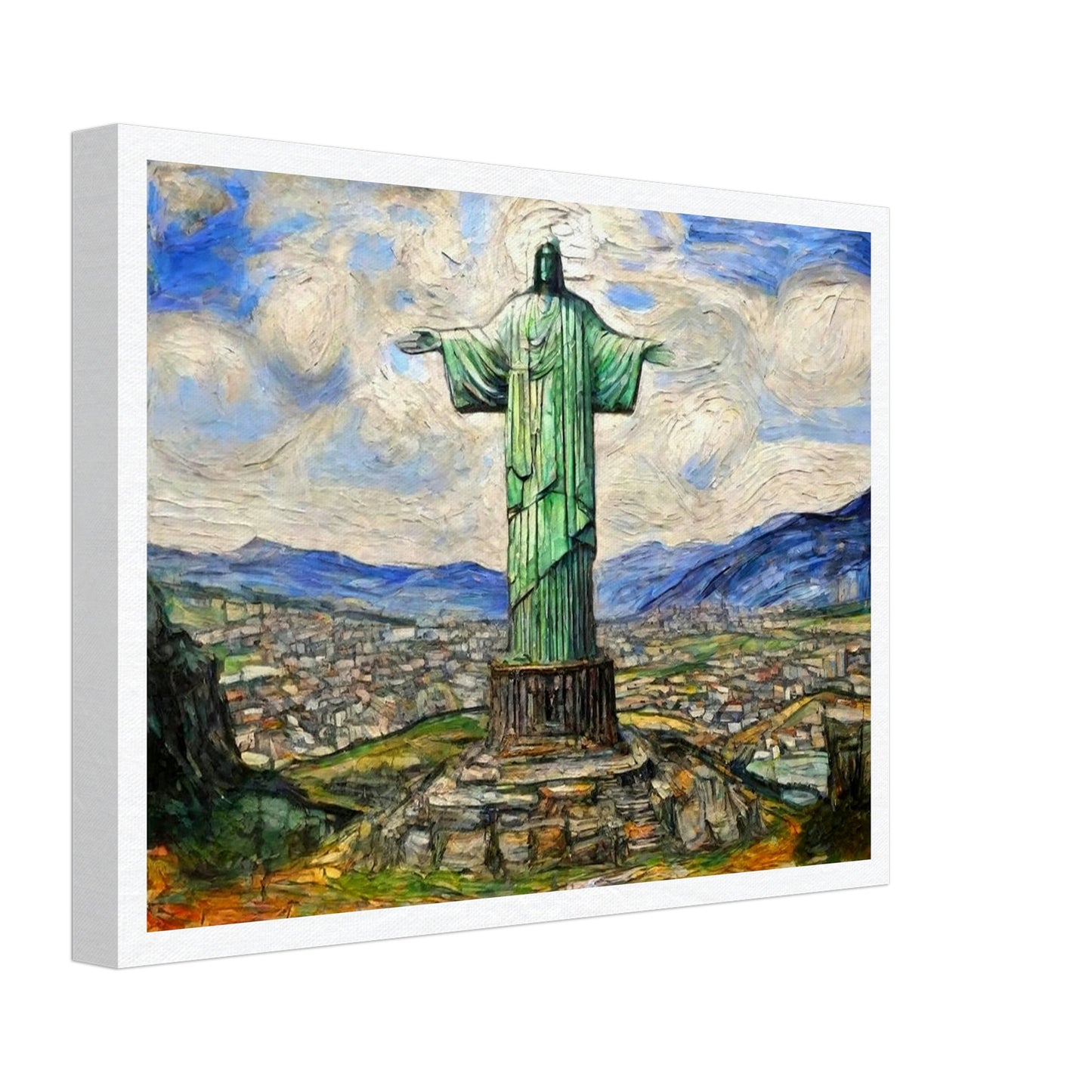 "A majestic painting of the Christ the Redeemer statue standing tall over the city of Rio de Janeiro, with vibrant skies and mountain ranges in the background."